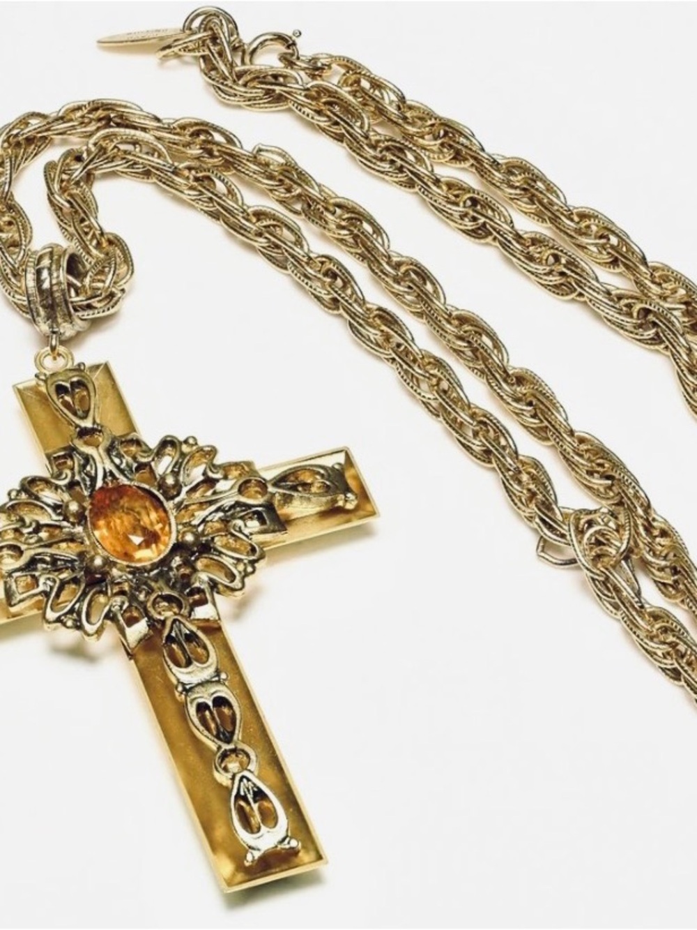 Whiting & Davis Gold-Tone Cross Necklace with Amber Center